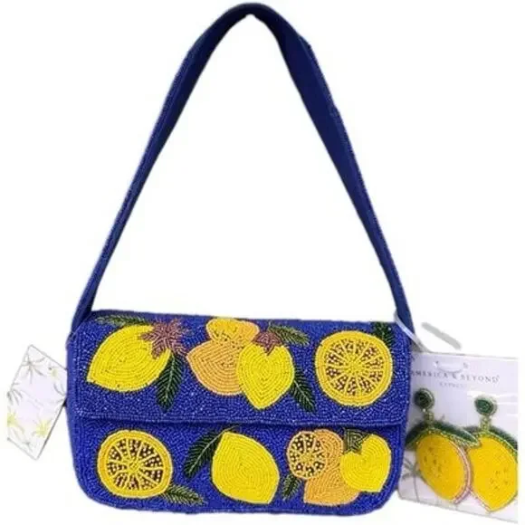 NWT America & Beyond Blue Lemon Beaded Bag w/Earrings - Picture 1 of 3